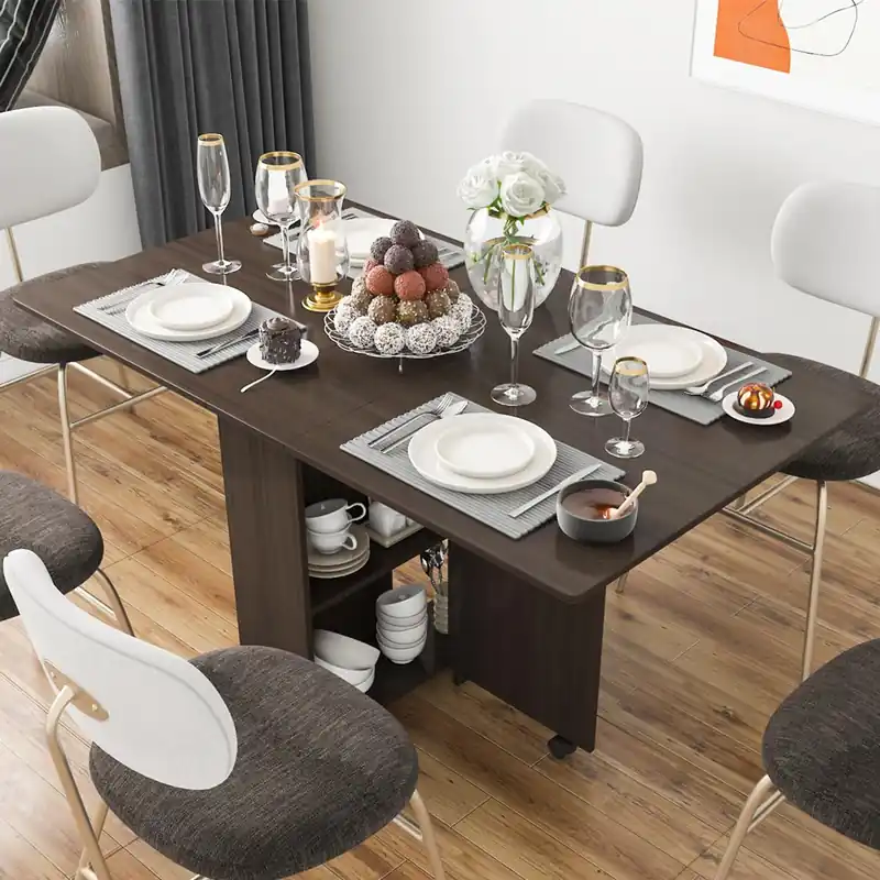DINAZA Folding Dining Table Drop Leaf Table for Small Spaces with 2 Tier Storage Racks Multifunction Space Saving Table Extension Dinner Table for Kitchen Bedroom