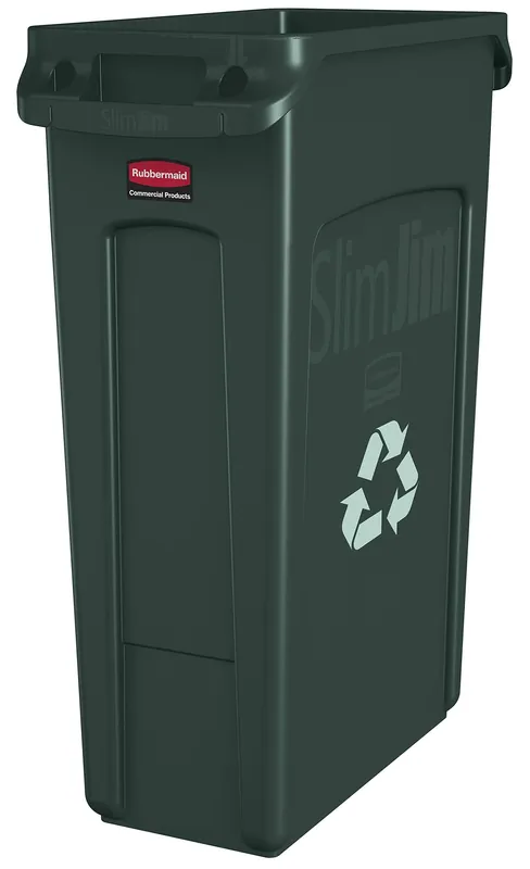Rubbermaid Commercial Products Slim Jim Plastic Rectangular Recycling/Compost Bin with Venting Channels, 23 Gallon, Green Recycling (FG354007GRN)