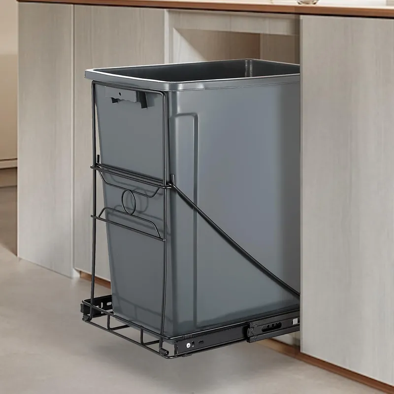 Pull Out Trash Can, Stainless Steel Kitchen Adjustable Trash Slide Out Shelf (Trash Can Not Included, Black)