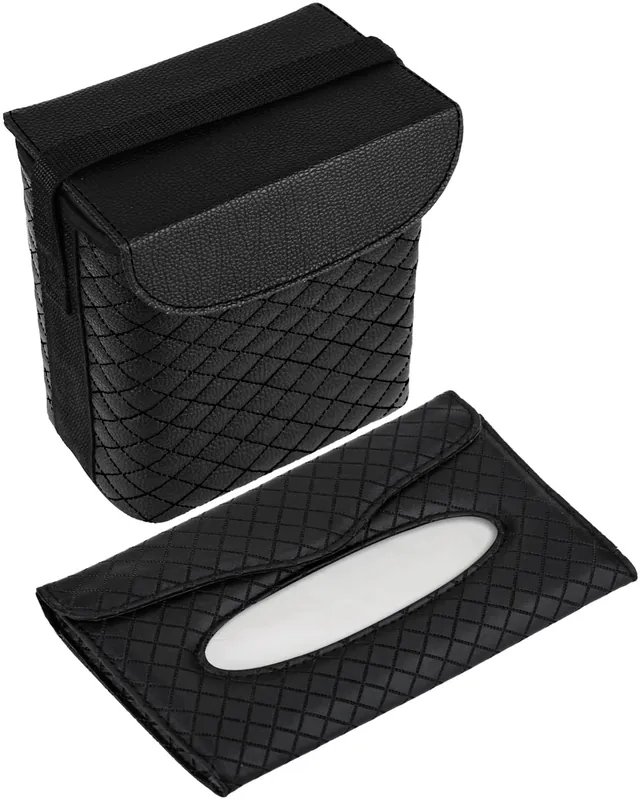BELINOUS Refined Leather Car Trash Can with Matching Tissue Holder, Waterproof and Leakproof Car Trash Bin, Car Garbage Can with Adjustable Strap