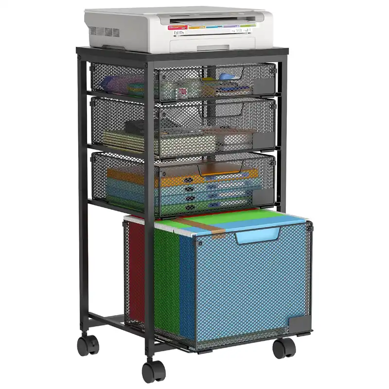 Rolling File Cart with 4 Storage Drawers, Filing Cabinet for Home Office, Hanging File Folder Organizer with Wheels Under Desk, Utility Craft Cart Printer Stand, Black, Patent Pending