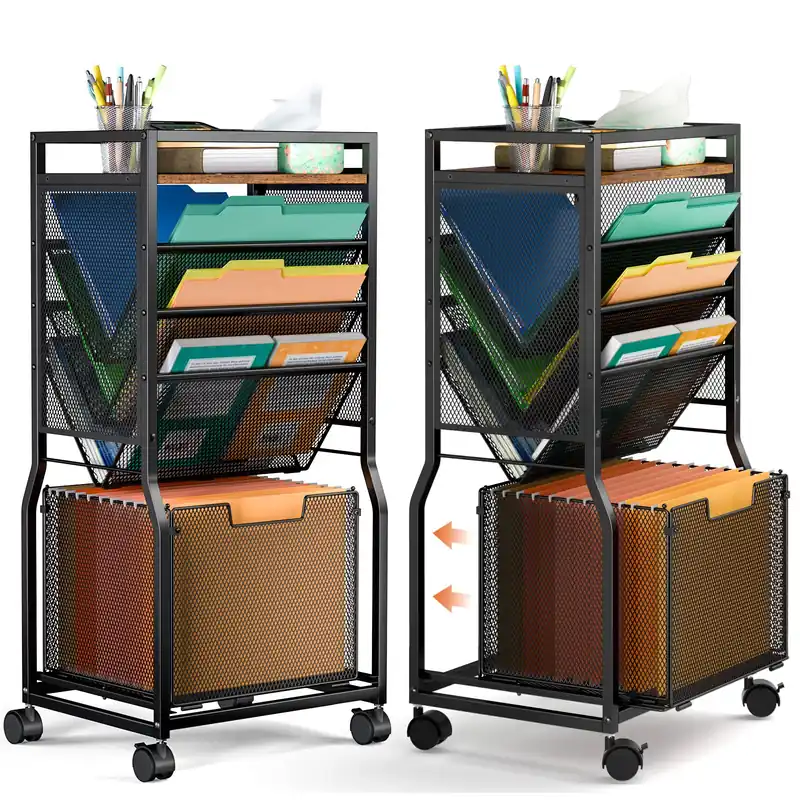 8 Tier Rolling File Cart with Hanging File Folder Organizer, Mobile File Organizer with 2 Sides Access Bookcase, Beside/Under Desk File Organizer Cart with Wheels for Office Home School Organization