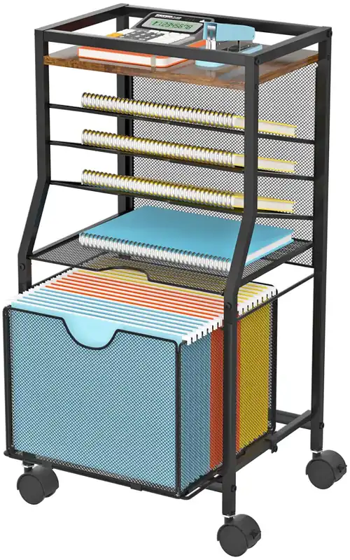 BOHDK Rolling File Cart, 6-Tier Under Desk Organizer on Lockable Wheels, Brown Wood Planks & Mesh File Cart with Sliding Drawer and Paper Trays for Office Home School, 14.8" L x 11.8" D x 27.7" H
