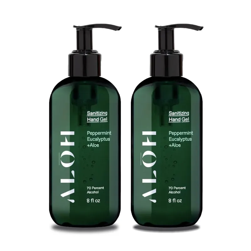 ALŌH Sanitizing Hand Gel 2-pack Peppermint Eucalyptus + Aloe 70% Alcohol Hydrating Hand Sanitizer Gel with Essential Oil, for Kids & Adults 8oz Bottle (Set of 2)