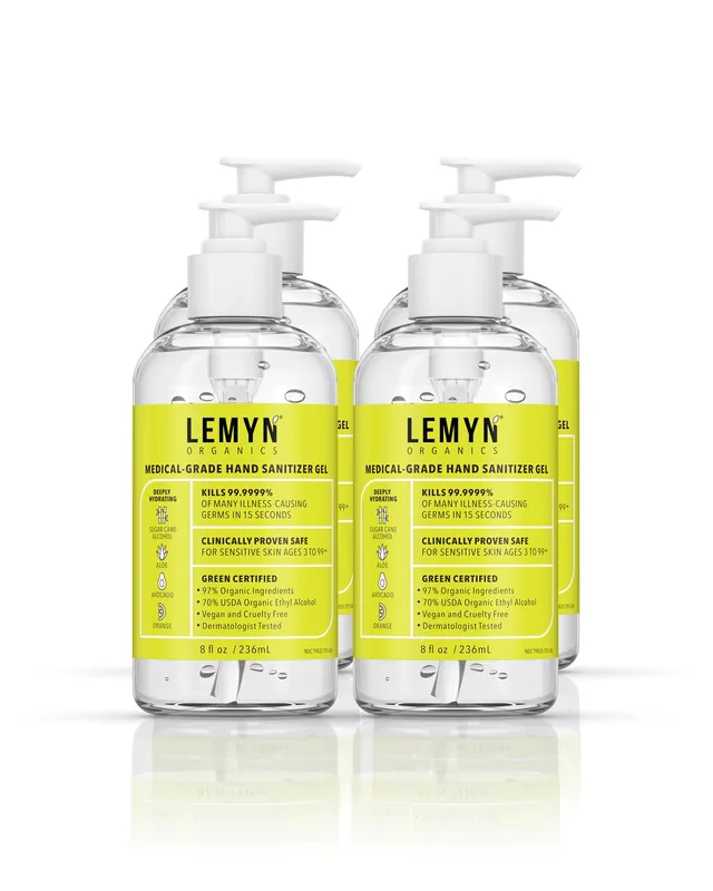 Lemyn Organics Medical Grade Hand Sanitizer Gel - 97% ORGANIC - 8 FL.OZ. with PUMP (PACK OF 4)