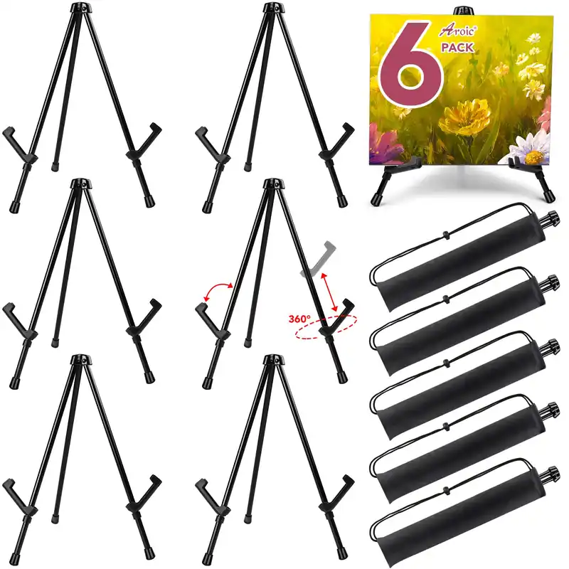 6pack 14‘‘ Tabletop Easel, Black Steel Table Top Easels for Display, Small Portable Tripod Stand, Adjustable Holders (with 6 Storage Bags)