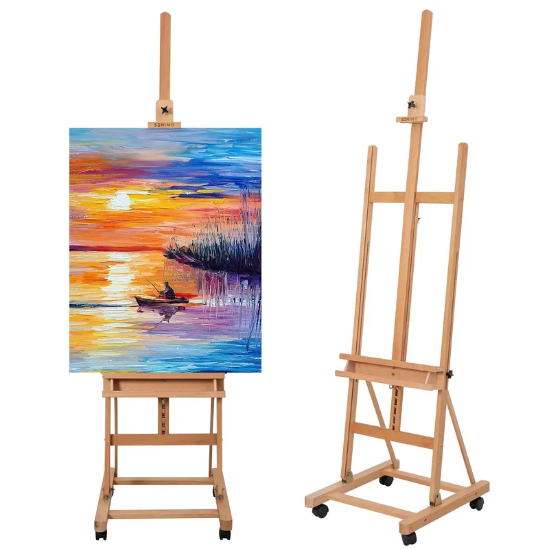 H-Frame Studio Easel, Artist Easel with Wheels and Storage Tray, Adjustable Floor Easel, Natural