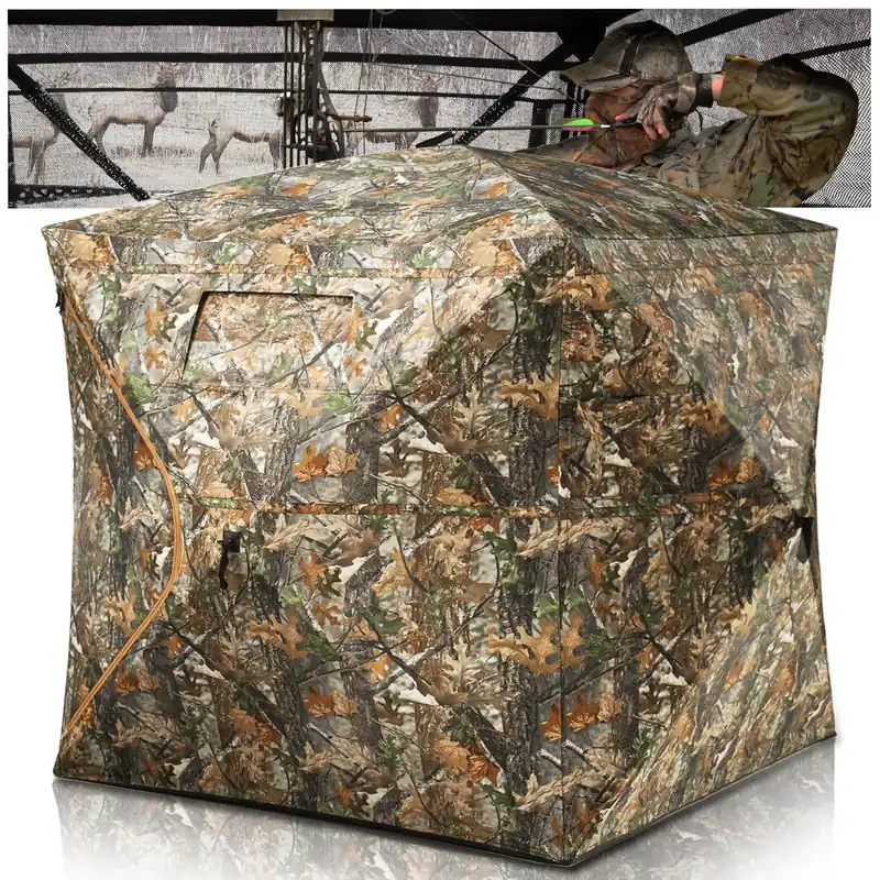 HUNTSEN Hunting Blind 270° See Through 2-3 Person Ground Blind Pop Up Hunting Tent with Carring Bag - Portable Durable for Turkey and Deer Hunting