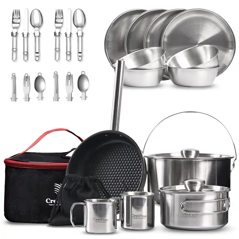 Camping Cook Sets Stainless Steel Camping Cookware Set for 4-8 Persons with Bag