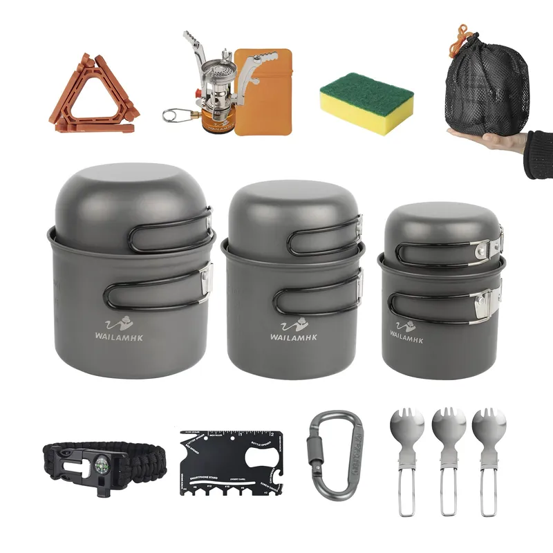 Camping Cookware Mess Kit, 17 pcs Backpacking Cooking Gear, Lightweight Camping Pots and Stove Set for 3 Person