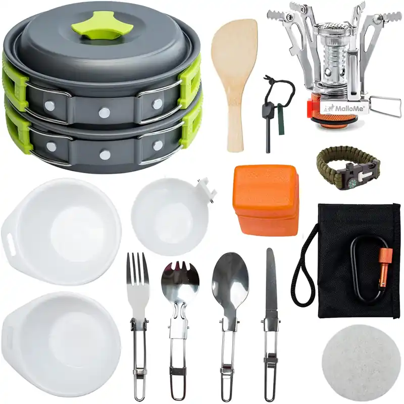 Camping Cookware 18pc Mess Kit w/Backpacking Stove – Camping Cooking Set for Backpacking Gear - Camping Pots and Pans Set