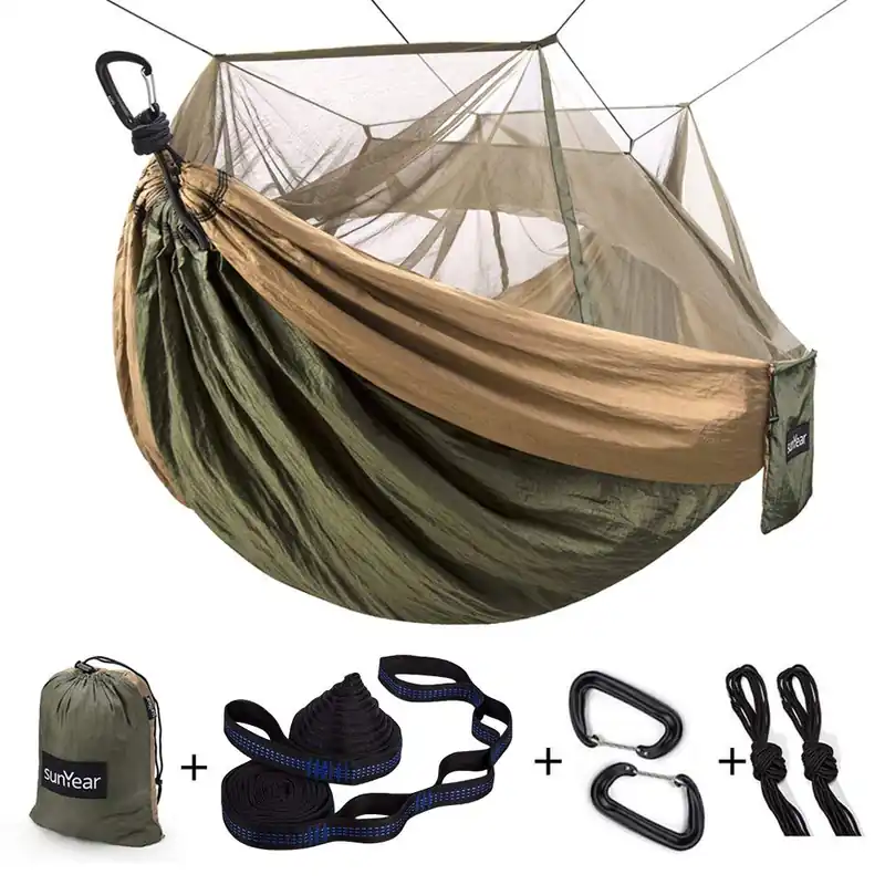 Camping Hammock, Portable Double Hammock with Net, 2 Person Hammock Tent with 2 * 10ft Straps