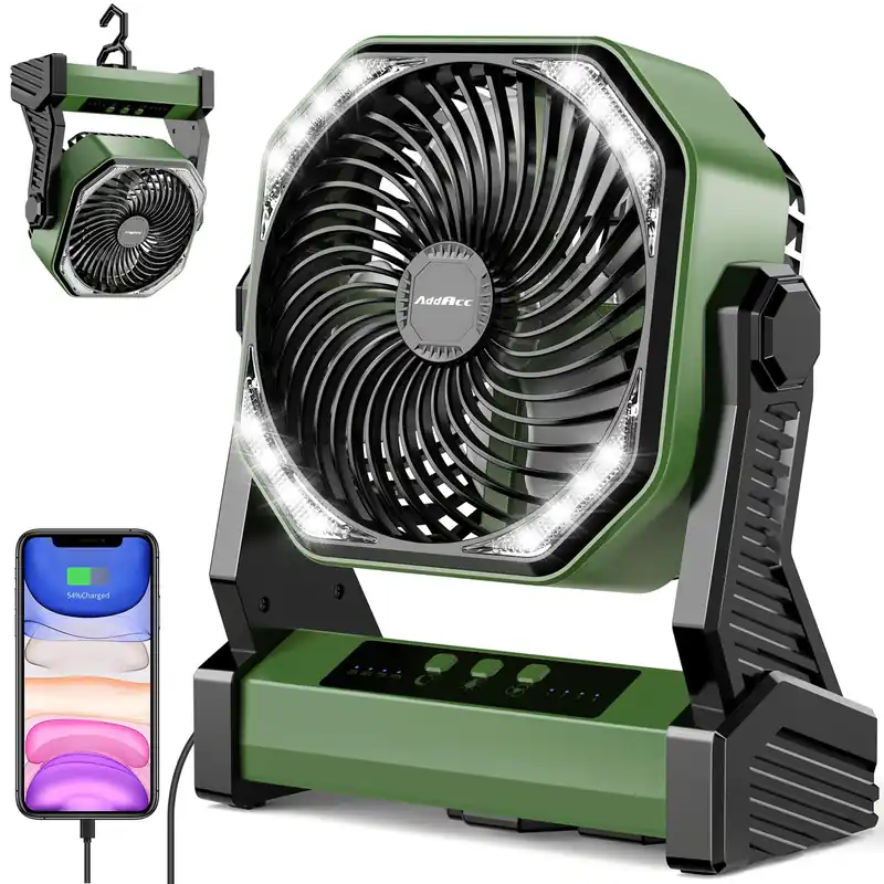 AddAcc 20000mAh Battery Operated Fan, Portable Rechargeable Desk/Camping Fan with Light and Hook, 270° Pivot 4 Speeds Battery Powered Outdoor Fan for Tent Car Trip Sleep Hurricane Power Outages…