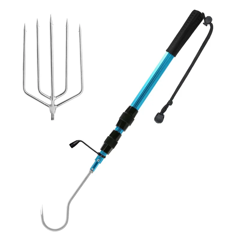 SANLIKE Telescopic Fish Gaff with Stainless Sea Fishing Spear Hook Tackle, Soft Rubber Handle Aluminium Alloy Pole for Saltwater Offshore Ice Tool