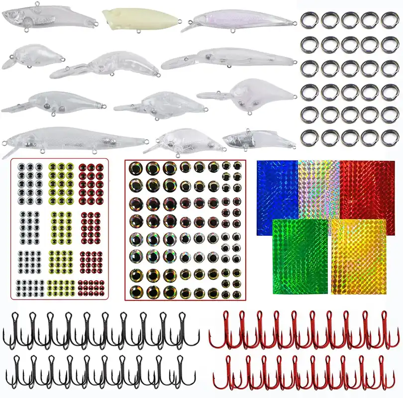 342pcs Unpainted Fishing Lures Making Kit DIY Blank Lures Crankbaits Minnow Hard Bait Set with Treble Hooks, Split Rings, Lure Eyes, Lure Stickers Lure Making Supplies Make Your Own Fishing Lures