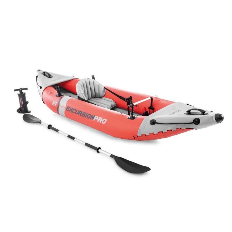 INTEX 68303EP Excursion Pro K1 Inflatable Kayak Set Includes Deluxe 86in Kayak Paddles and High-Output Pump – SuperTough PVC – Adjustable Bucket Seat – 1-Person – 220lb Weight Capacity