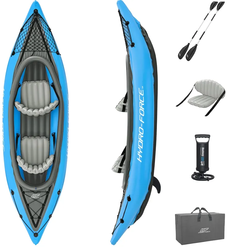 Bestway Hydro-Force 2-Person Cove Champion Inflatable Kayak Set Includes Kayak, 2 Aluminum Paddles, Hand Pump, 2 Fins, and Carry Bag