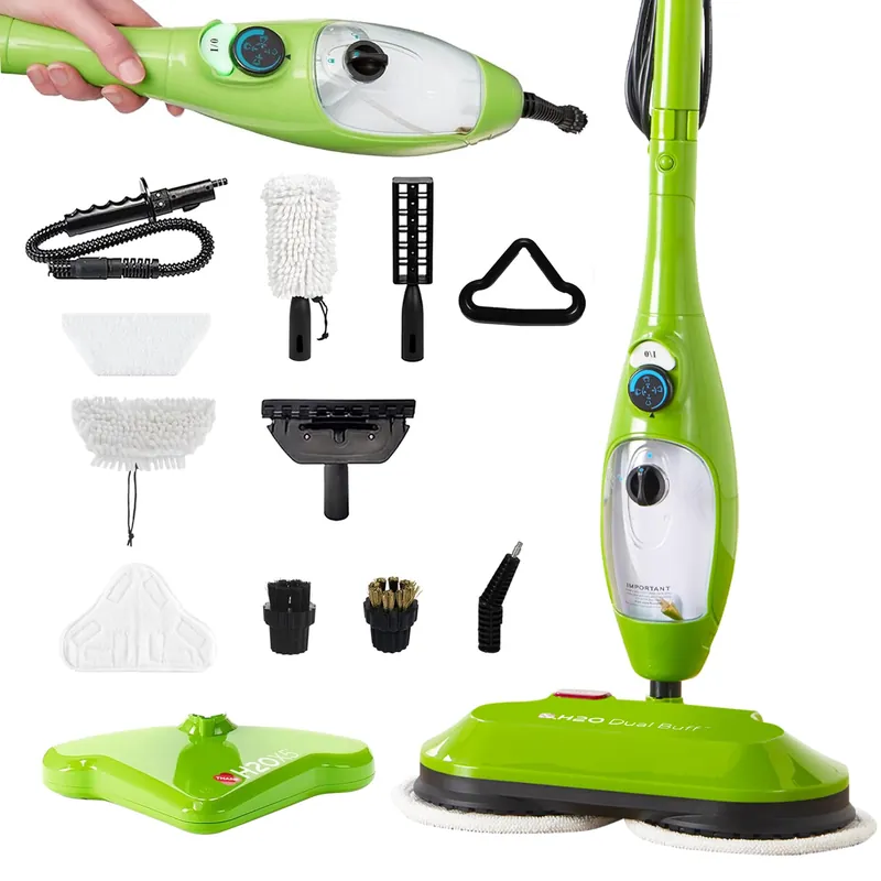 H2O MOP® X5 Dual Buff Steam Mop, 8 in 1 Handheld Steam Cleaner For Kitchen Tile Floors, Hardwood Floors, Grout Cleaner, Upholstery Cleaner and Carpets, 2 washable scrub pads, 11 cleaning accessories