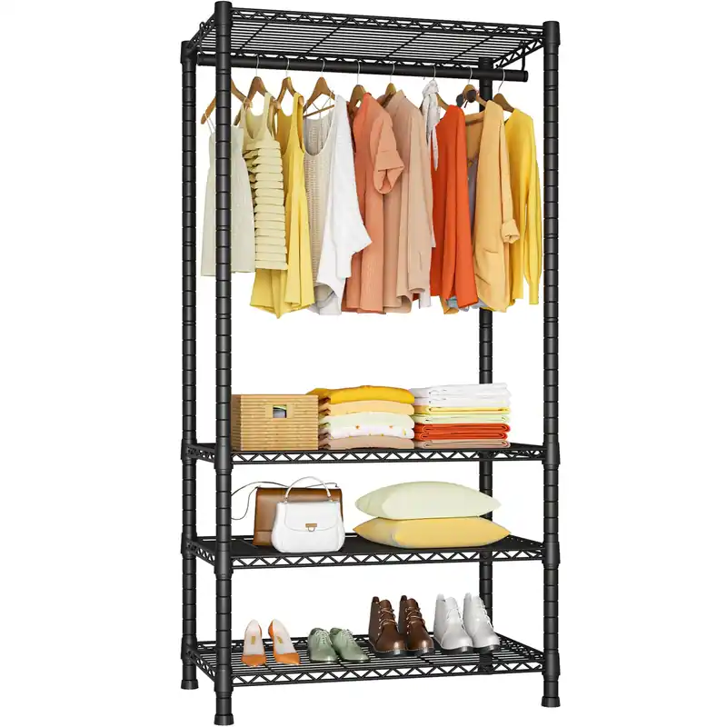Heavy Duty Clothes Rack, Freestanding 4 Tiers Garment Rack for Hanging Clothes with Shelves and Hangers, Black