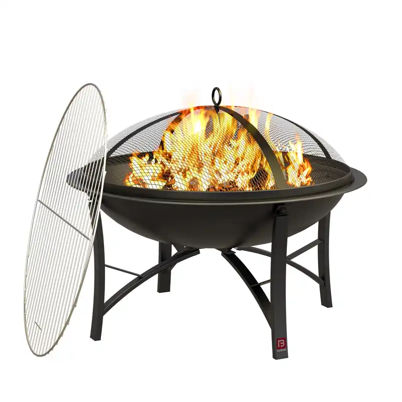 Fire Beauty Fire Pit for Outside Wood Burning Firepit BBQ Grill Steel Fire Bowl with Spark Screen Cover, Log Grate, Poker
