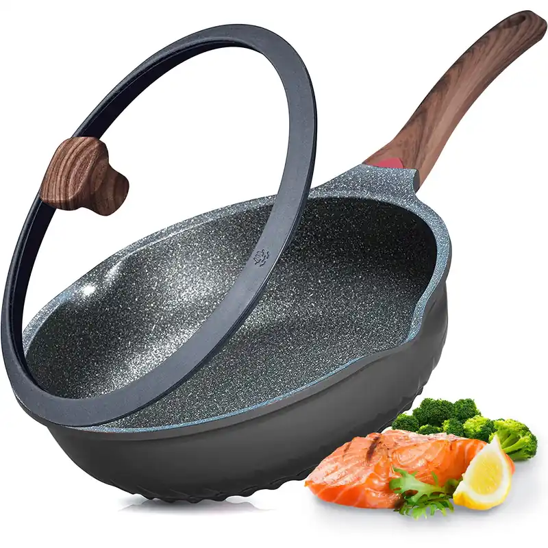 Nonstick Deep Frying Pan Skillet with Lid, 11in/5Qt Saute Pan, German 3C+ Ceramic Coating Technology, Heat Indicator, Induction Compatible