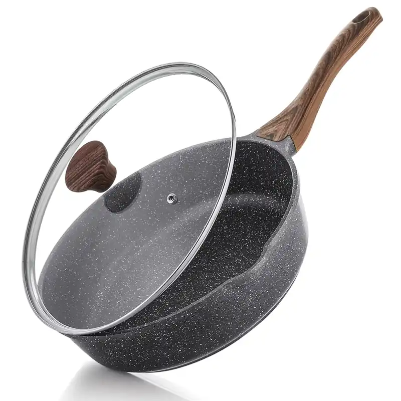 Nonstick Deep Frying Pan Skillet, 10/11/12-inch Saute Pan with Lid, Stay-cool Handle (10-Inch)