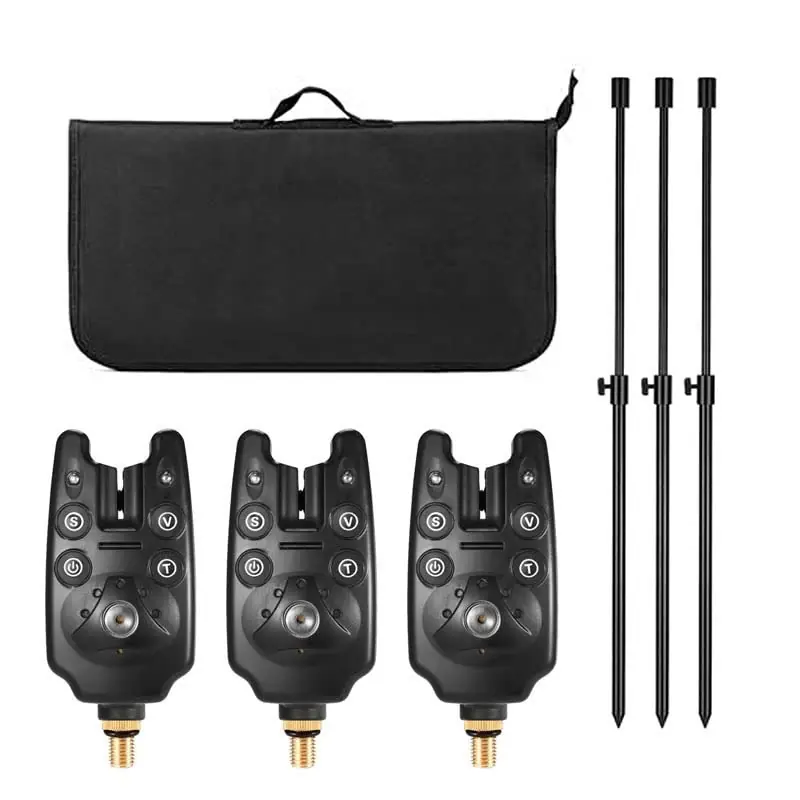 Fishing Bite Indicators Kits, 3 Wireless Fishing LED Alarm Alert & 3 Extending Aluminum Alloy Fishing Bankstick & Padded Fishing Tool Bag