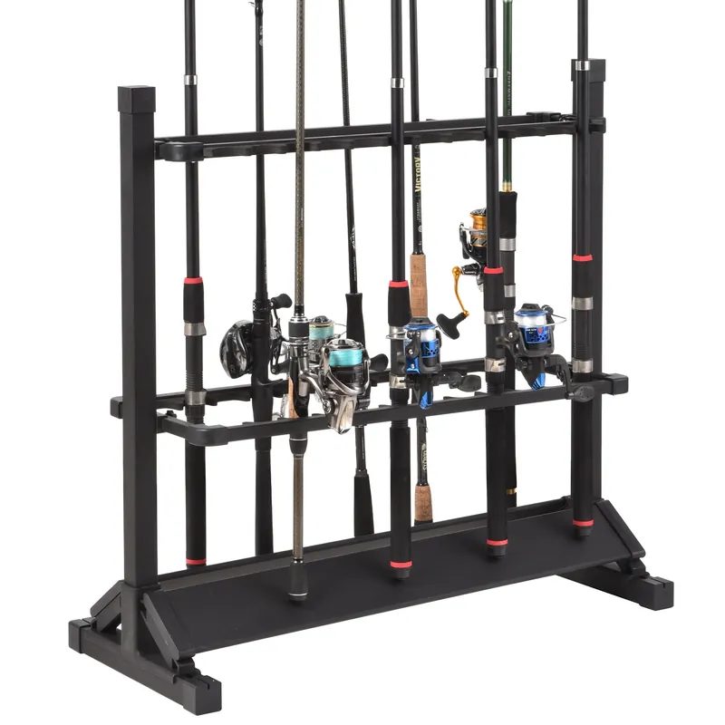 24 Slots to Hold Rods & Reel Combo, Lightweight Aluminum Vertical Fish Pole Garage Storage Ground Display Stand (Black)