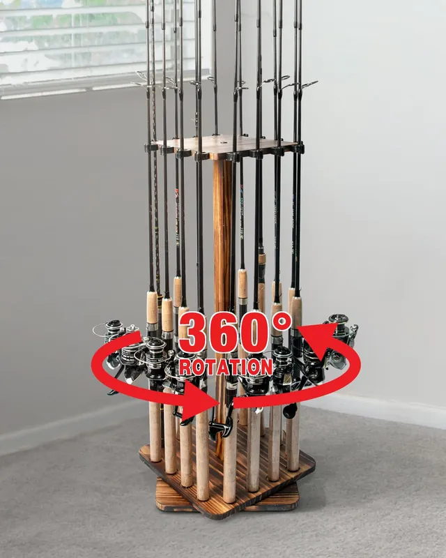 Fishing Rod Floor Stand Holds up to 16 Rods Wood Fishing Gear Equipment Storage Organizer, Fishing Gifts for Men