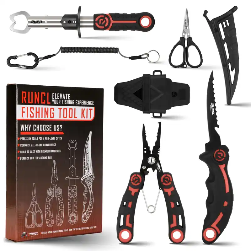 4pc Fishing Tool Kit- Fishing Pliers, Fish Fillet Knife with Sharpener, Fish Lip Gripper, Fishing Braid Scissors