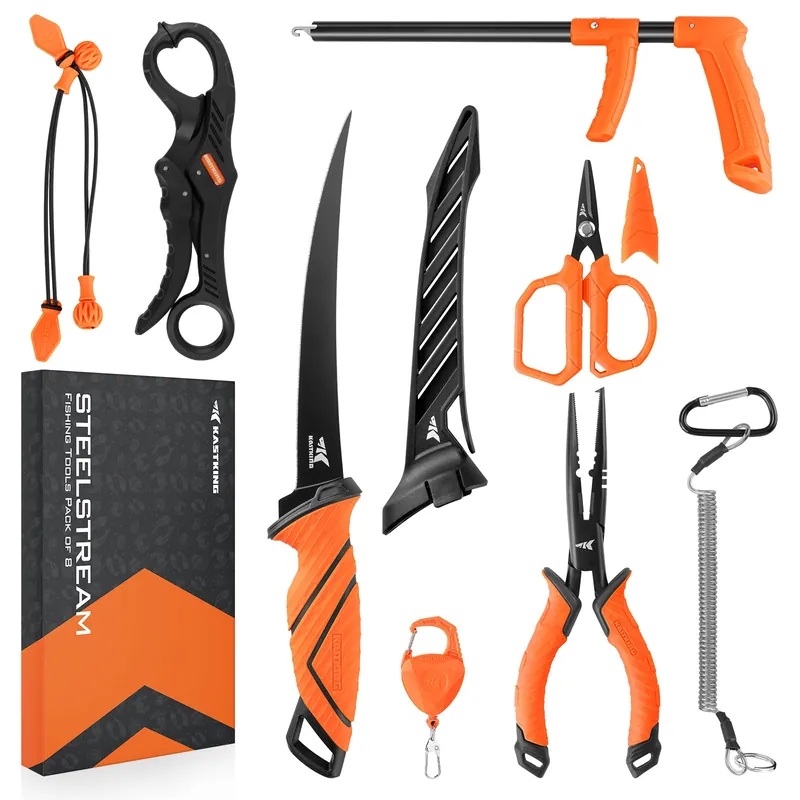 8pc Fishing Tool Kit - Fishing Pliers with Lanyard, Fillet Knife, Floating Fish Lip Gripper