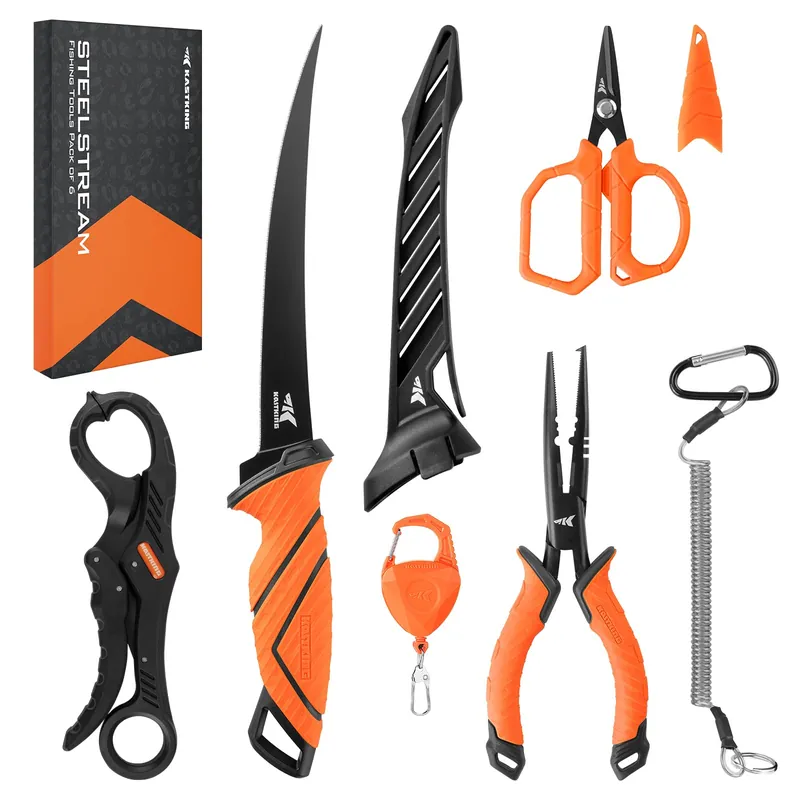6pc Fishing Tool Kit - Corrosion Resistant Fishing Pliers with Lanyard, Fillet Knife, Floating Fish Lip Gripper