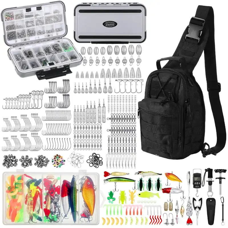 482 Pcs Fishing Gear Equipment Kit, Fishing Tackle Box with Tackle Included Backpack Lures Hooks (Black)