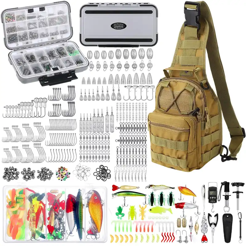 482 Pcs Fishing Gear Equipment Kit, Fishing Tackle Box with Tackle Included Backpack Lures Hooks (Khaki)