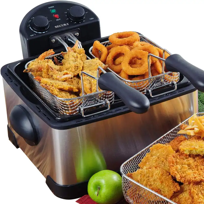 1700-Watt Stainless-Steel Triple Basket Electric Deep Fryer with Timer Free Extra Odor Filter, 4L/17-Cup Silver