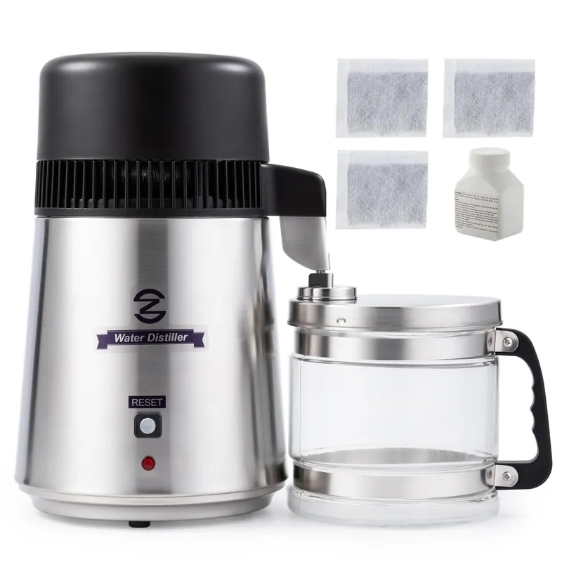 4L Brushed Stainless Steel Countertop Distiller Machine, Home Distilled Water Maker with Glass Pot, Purifier to Make Clean Water