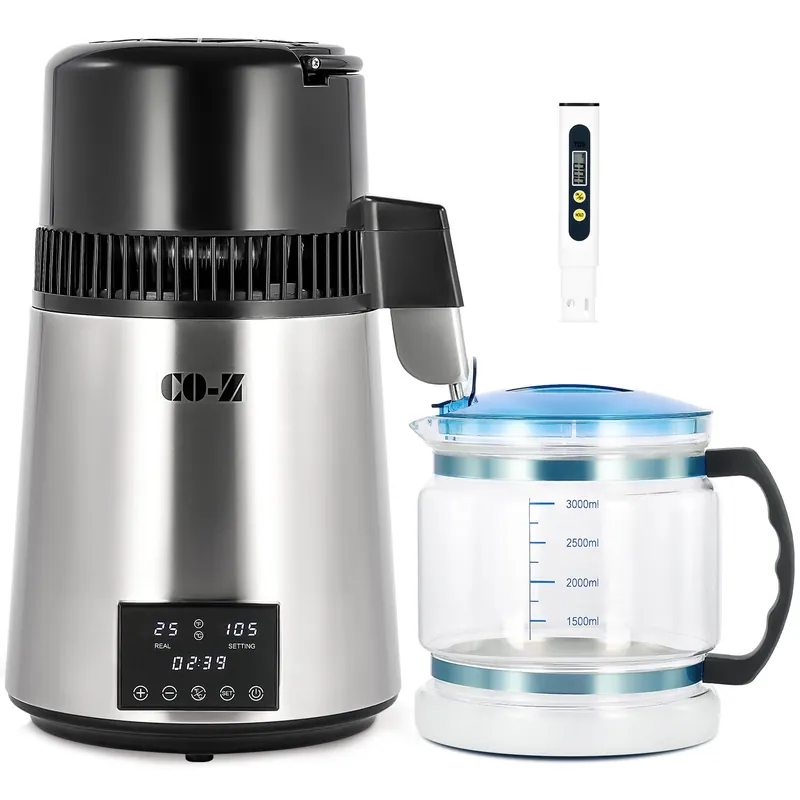 1.1 Gallon Water Distiller, 1750W Countertop Distilled Water Machine with Glass Container Dual Temperature Display Timer