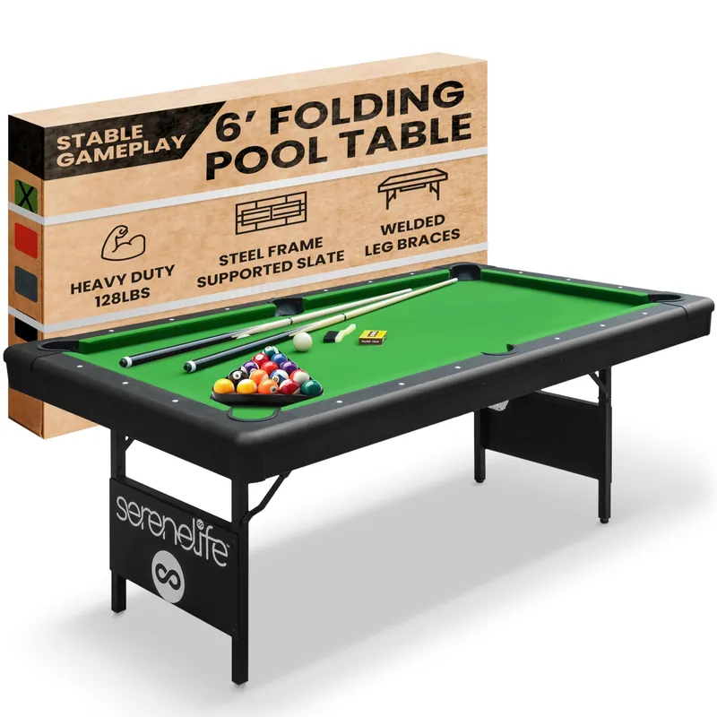 6-Ft Folding Pool Table - Portable Billiard Table - Includes 2X Cue Sticks, Full Set of Balls, Chalk