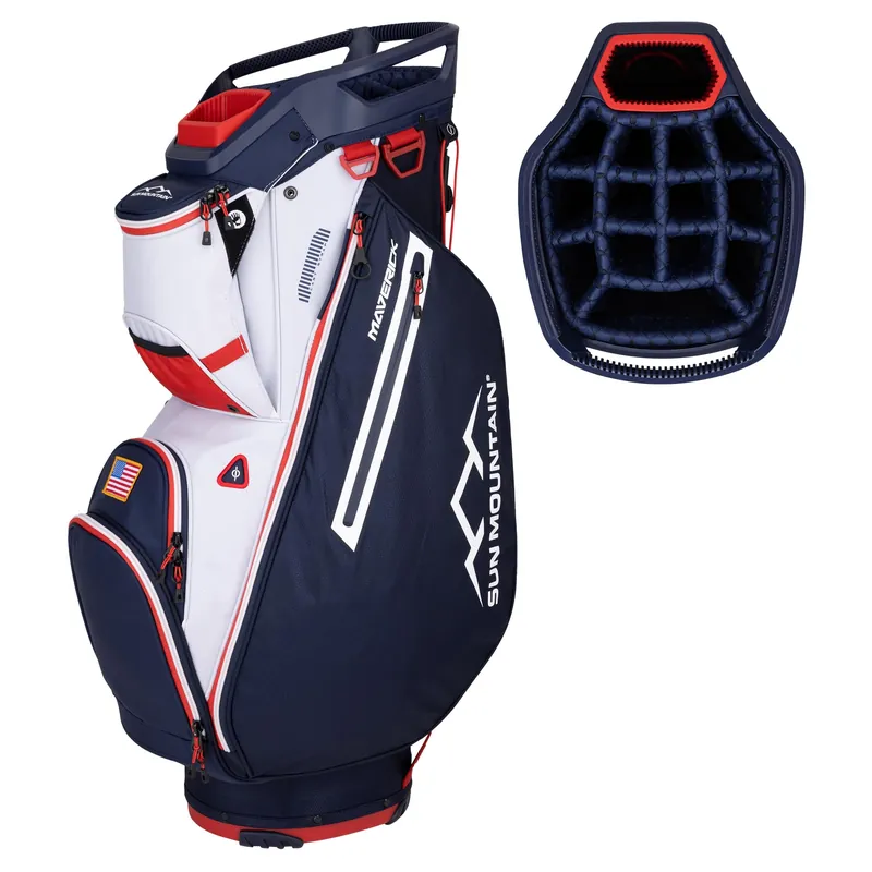 Sun Mountain 2025 Maverick 14 Way Divider Golf Bag with 9 Spacious Pockets Navy White Red