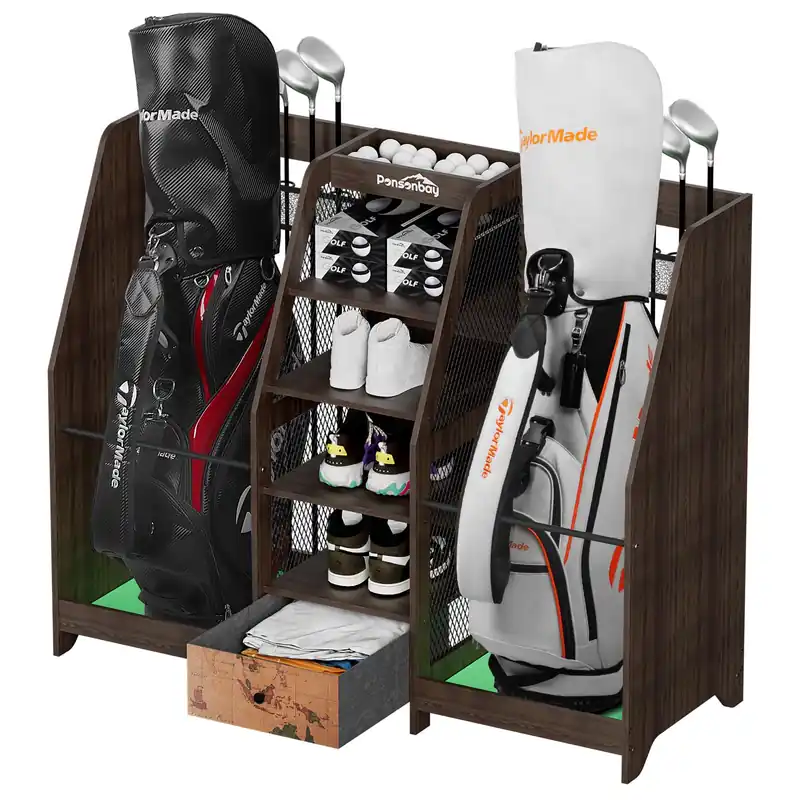 Ponsonbay Golf Bag Storage Organizer for Garage, Premium Wooden 2 Golf Bags Rack with Drawer (Black)