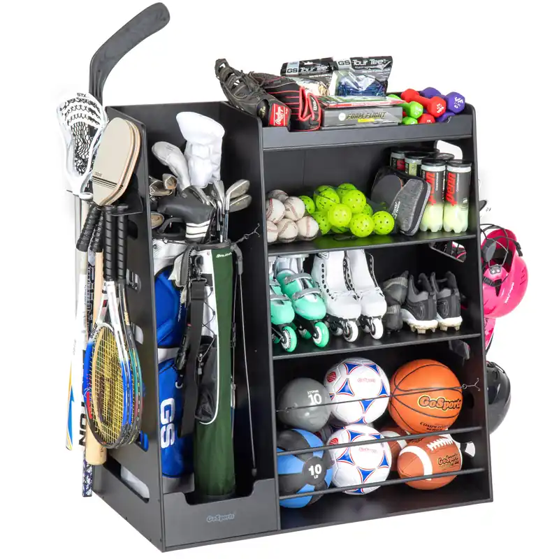 GoSports Premium Wooden Sports Equipment Organizer with Storage Hooks - Golf Bag Rack and Multi-Sport Ball Bin