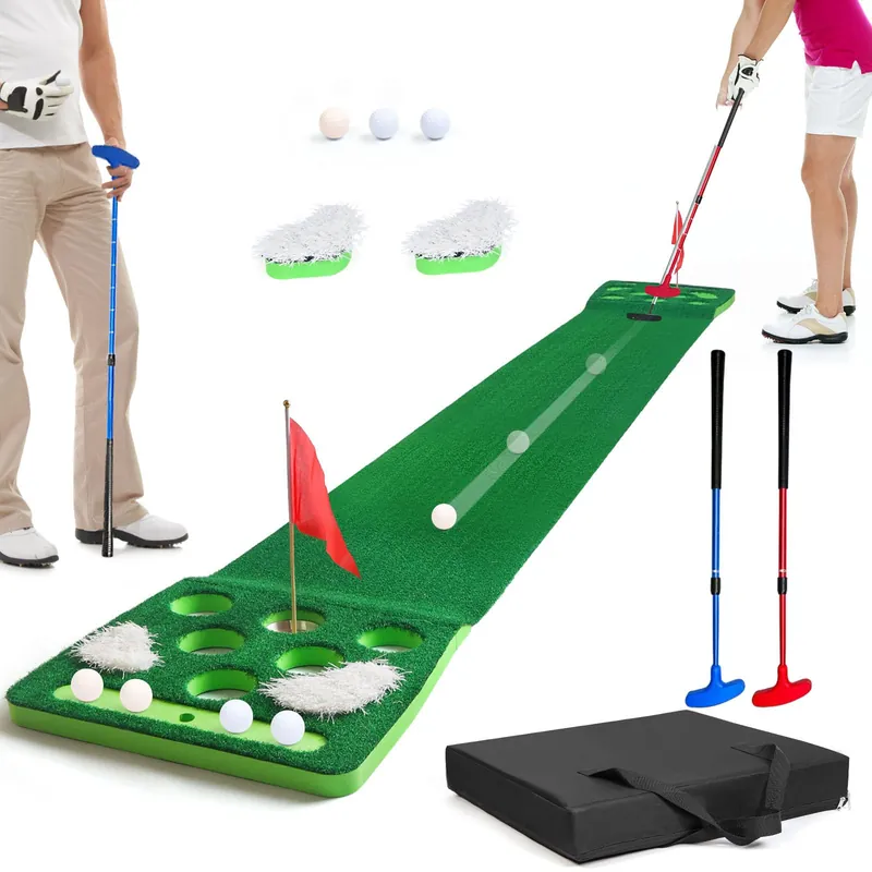 Golf Pong Game Set, Detachable Golf Pong Putting Mat with 8 Golf Balls, 2 Golf Cups & Flags (Green with Putter)