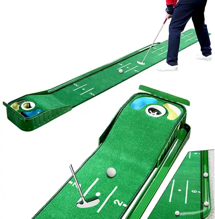 Golf Putting Mat with Water and Bunker Hazards – Extra Long at 9.4 Feet with Automatic Ball Return