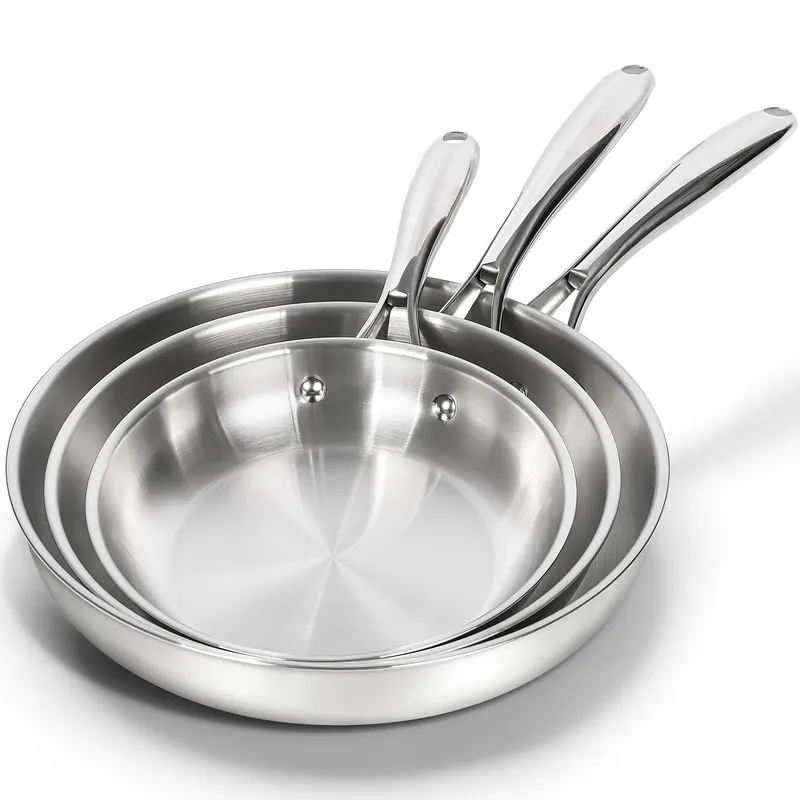 Stainless Steel Frying Pan Set, 8" / 9.5" / 11" Cooking Pans, Triply Base Stainless Steel Pan Set with Ergonomic Handle, Induction Compatible