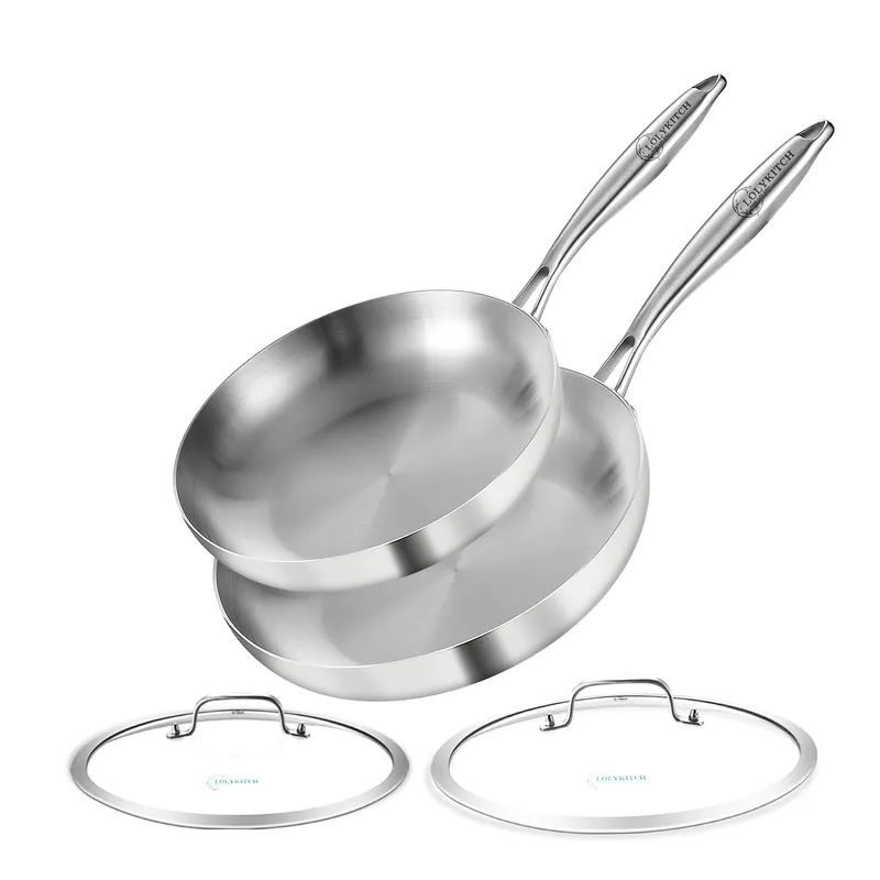 10-12 Inch Tri-ply Stainless Steel Frying Pan Set with Lids,Skillets,Induction Cookware,Pots and Pans Set,Dishwasher and Oven Safe,Detachable Handle.