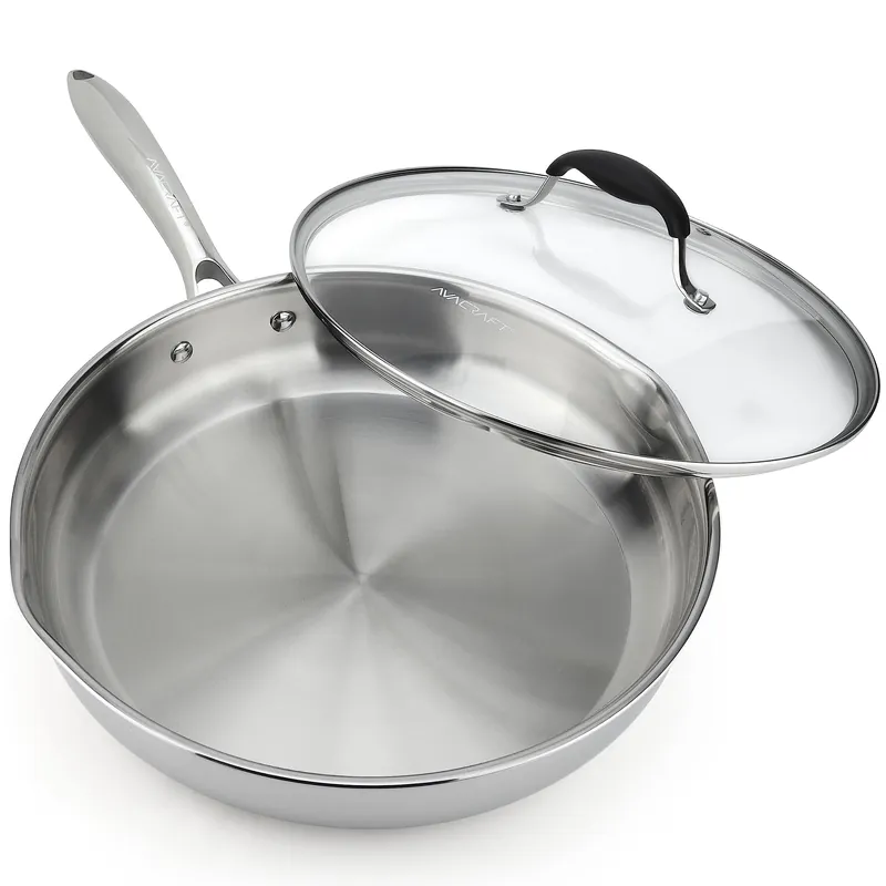 18/10 12 Inch Stainless Steel Frying Pan with Lid, Side Spouts, Induction Pan, Versatile Stainless Steel Skillet, Fry Pan in our Pots and Pans (Tri-Ply Stainless Steel, 12 Inch)