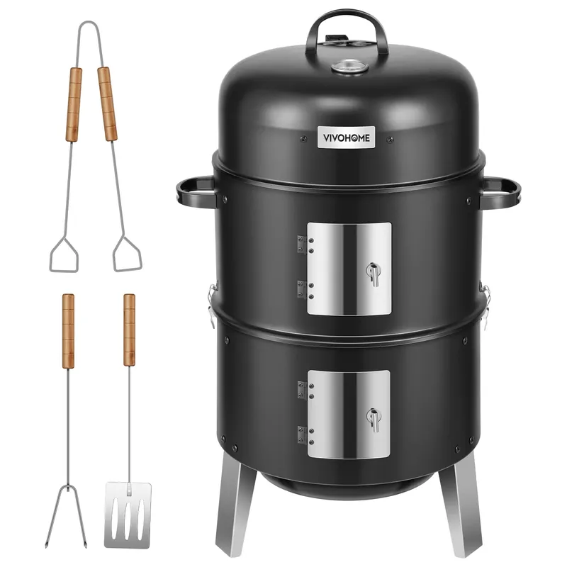 3-in-1 Vertical Charcoal Smoker, BBQ Smoker Grill with Built-in Thermometer, Air Vent, and 2 Access Doors