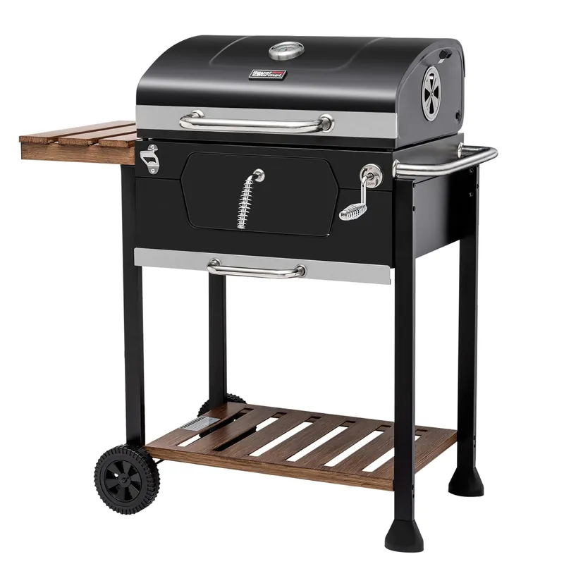24-Inch Charcoal Grill, BBQ Smoker with Handle and Folding Table, Perfect for Outdoor Patio, Garden and Backyard Grilling, Black, Medium