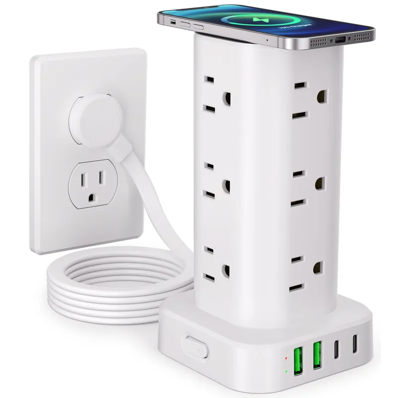 Power Strip Tower with Wireless Charger, Flat Plug Surge Protector Tower with 6FT Extension Cord