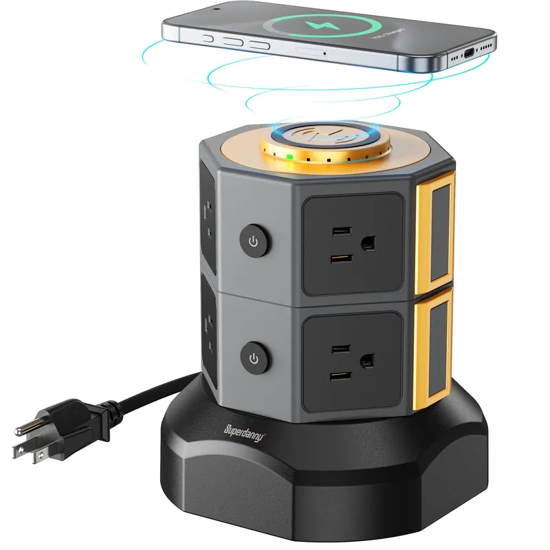 Power Strip Tower with 15W Wireless Charger, 6.5Ft Retractable Extension Cord, 1050J Surge Protector, Desktop Charging Station